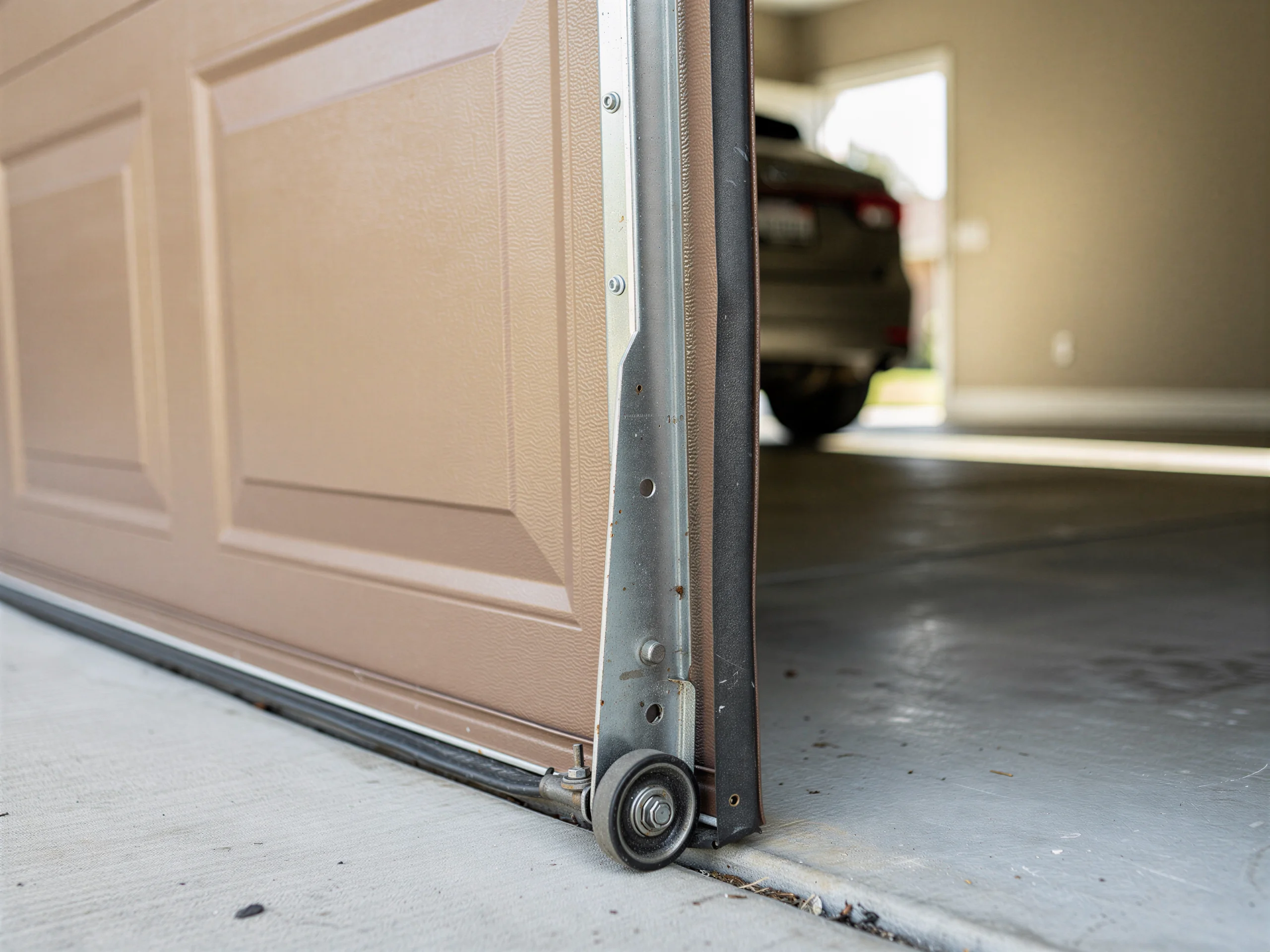 The brown garage door is slightly open, showing the roller and track.