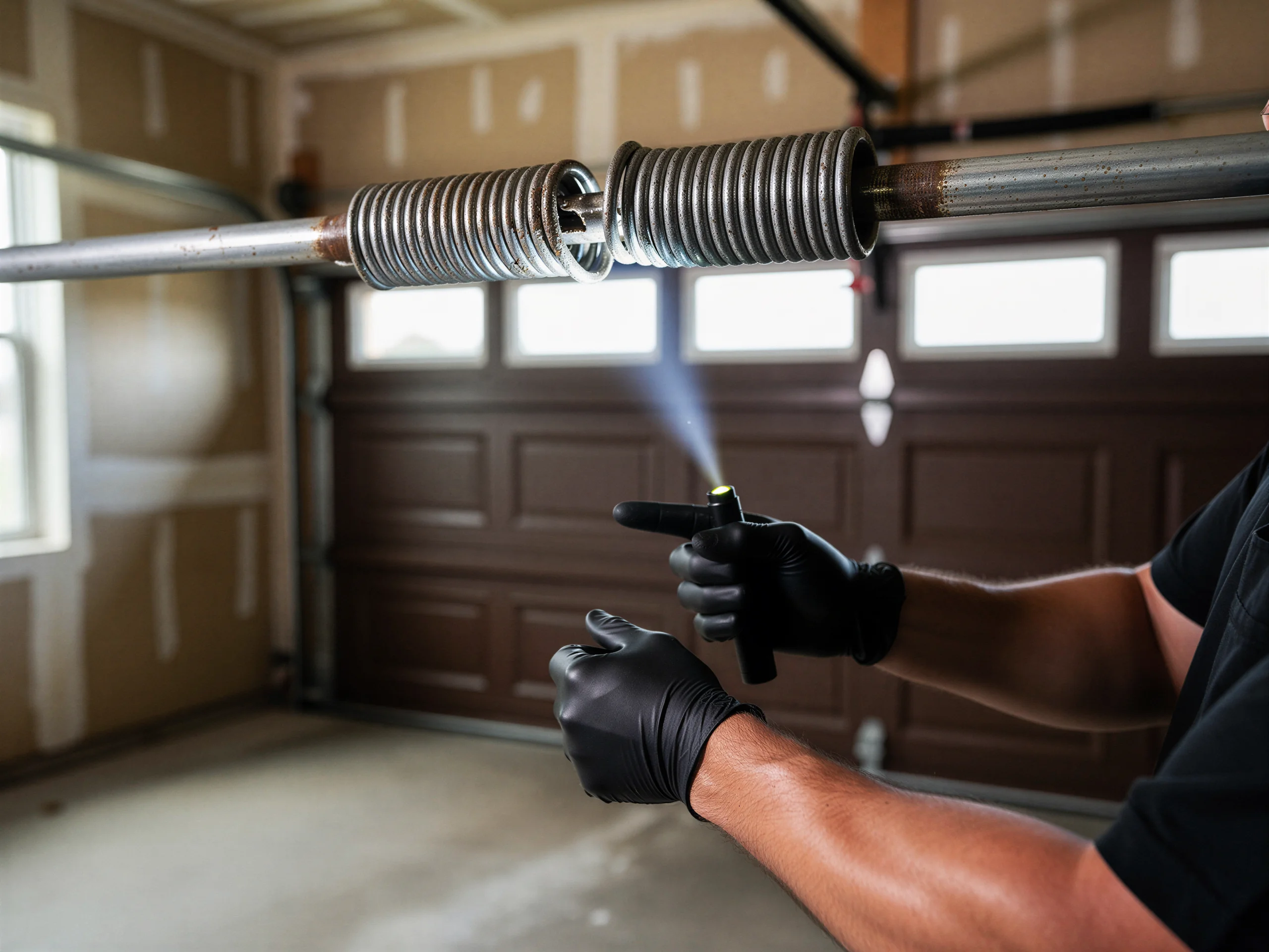 A technician shines a flashlight on a garage door torsion spring.