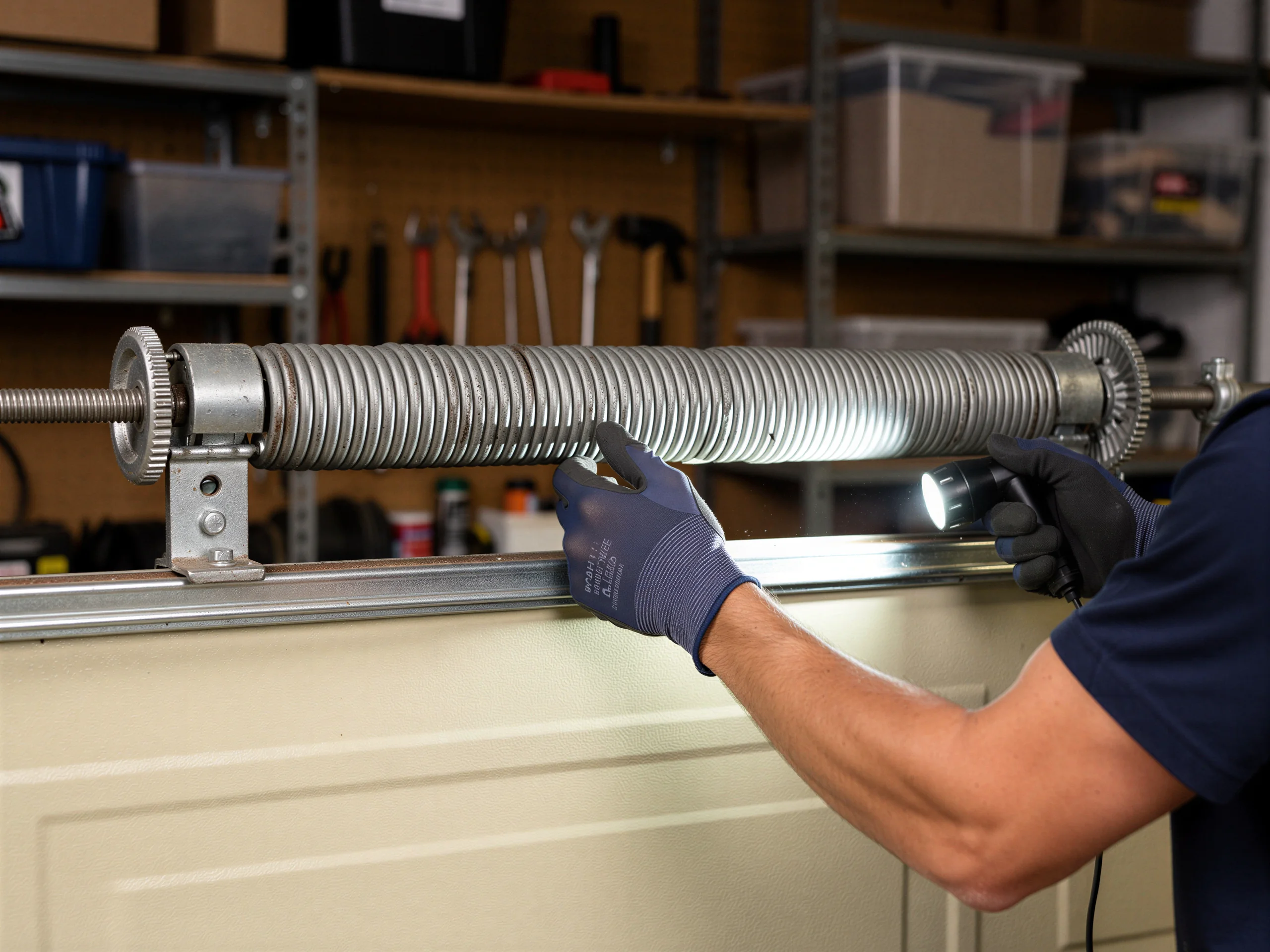 A technician inspects a garage door torsion spring with a flashlight.