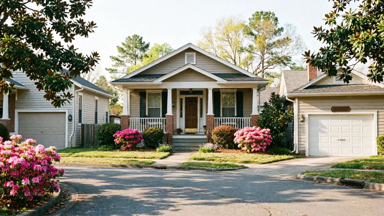 A beige house with a porch and two garages is visible from the street.